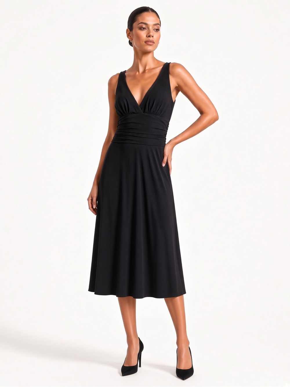 Laundry By Shelli Segal Black V-Neck Ruched Waist Sleeveless Midi Dress